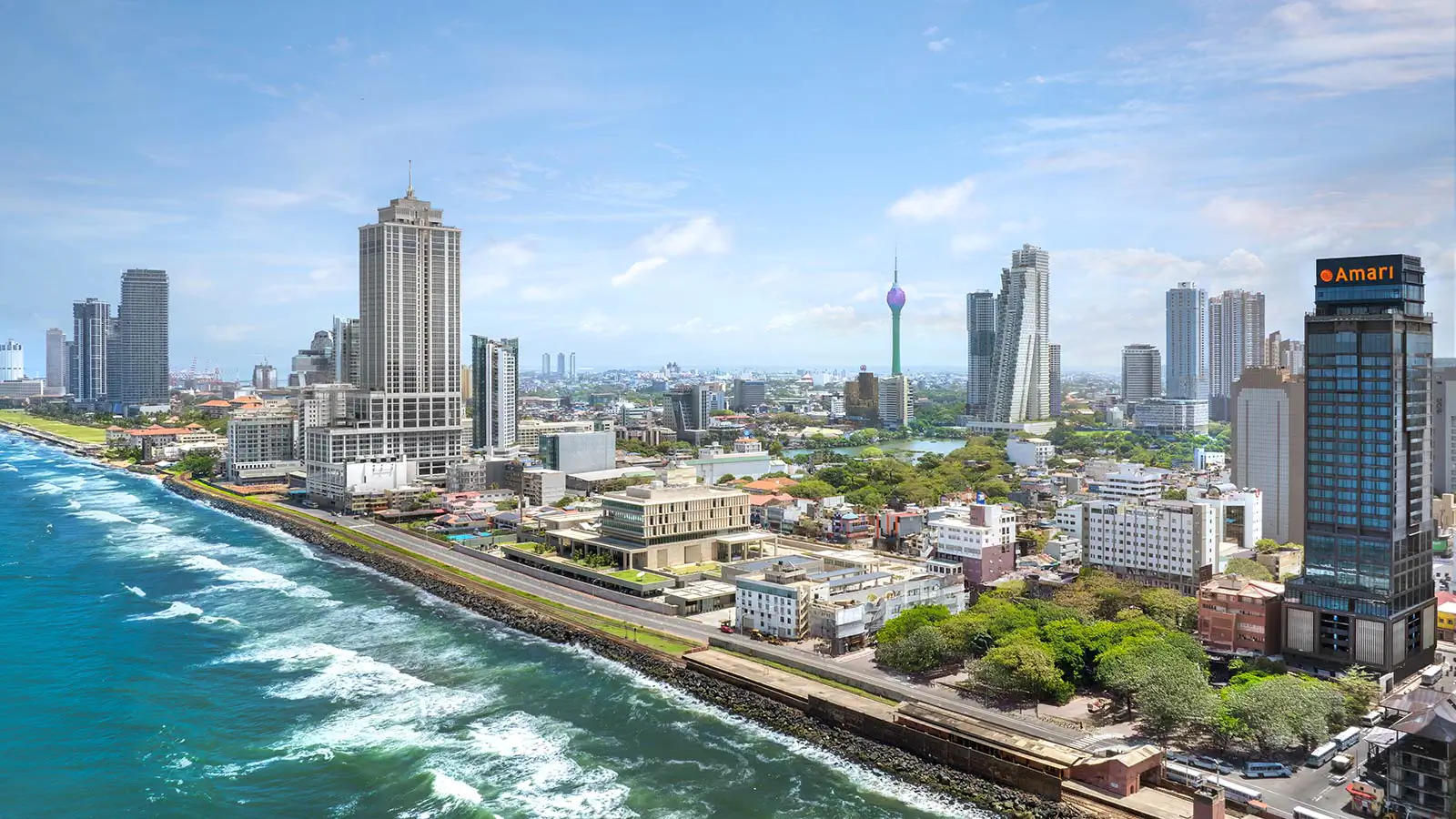 Aerial view of Colombo skyline and Indian Ocean coastline, Sri Lanka